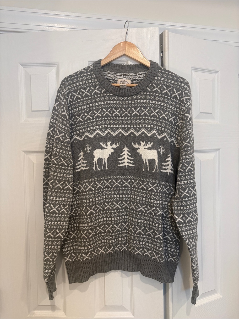 St. John's Bay Grey and White Moose Fair Isle Crewneck Sweater
